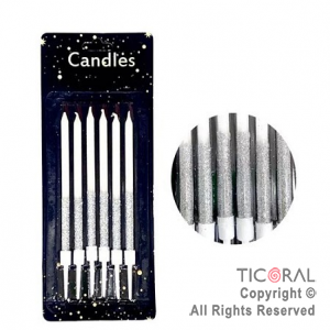 VELA GIBREADA 10 CM DUO COLOR PLATA BLANCO CON PORTAVELA x 6 UNIDADES